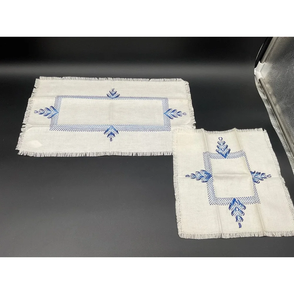 1950s Hand-Embroidered Korean Doily Pair with Blue Motif, Cottage Industry Label
